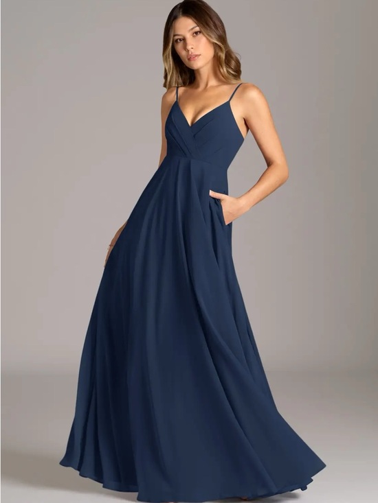 Azazie Dresses & Skirts - Azazie Spaghetti Strap Navy Blue V-Neck Maxi Dress